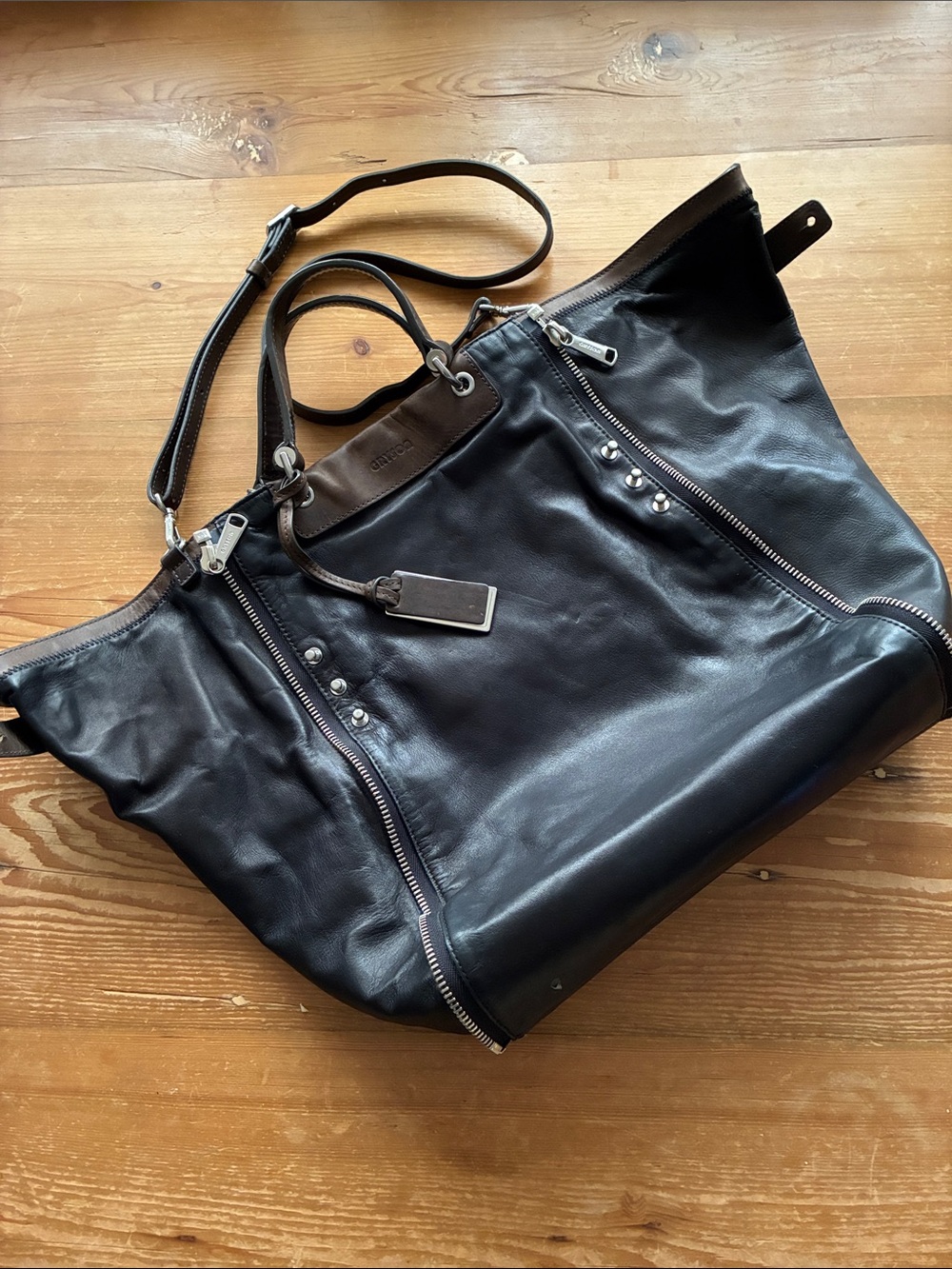 XLG Vintage Gryson Black Brown Leather Shoulder Crossbody Top Handle Tote Bag